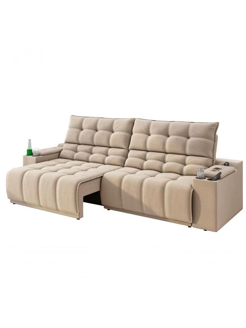 Sofá Connect Premium 2,00m Assento Retrátil-reclinável Com Porta Copos E Entrada Usb Suede Capuccino