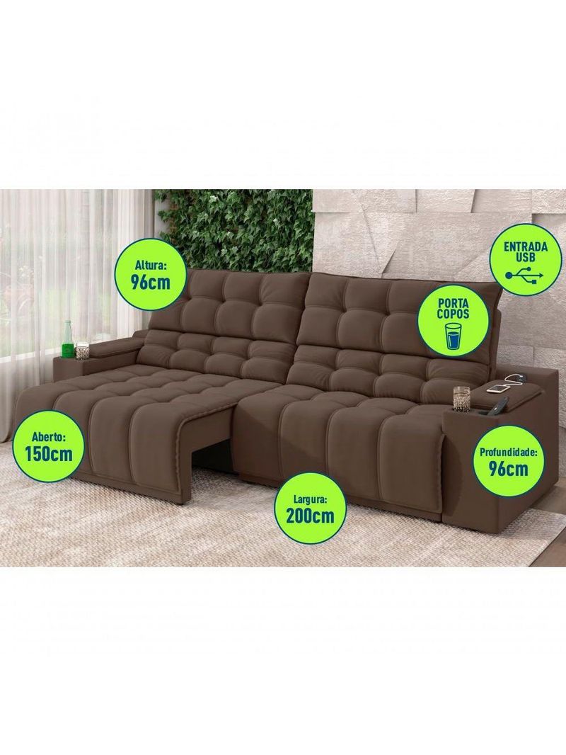 Sofá Connect Premium 2,00m Assento Retrátil-reclinável Com Porta Copos E Entrada Usb Suede Marrom