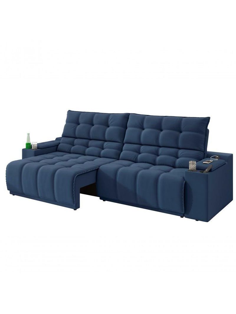 Sofá Connect Premium 2,00m Assento Retrátil-reclinável Com Porta Copos E Entrada Usb Suede Azul