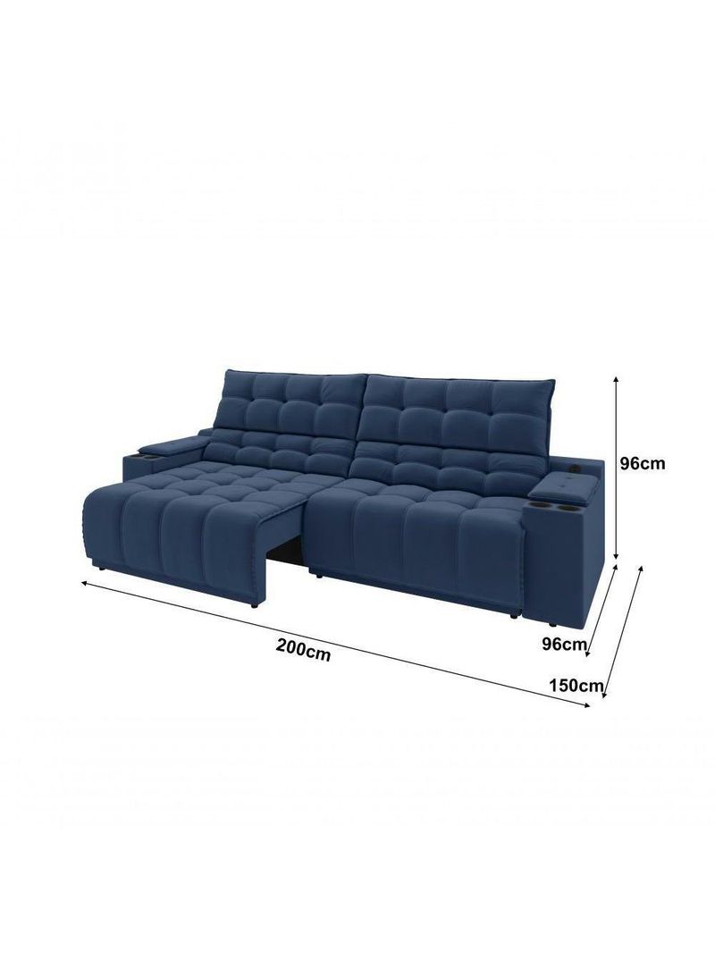 Sofá Connect Premium 2,00m Assento Retrátil-reclinável Com Porta Copos E Entrada Usb Suede Azul