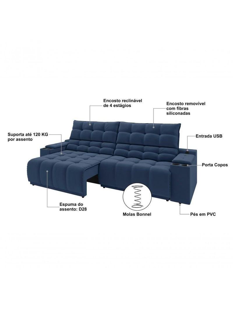 Sofá Connect Premium 2,00m Assento Retrátil-reclinável Com Porta Copos E Entrada Usb Suede Azul
