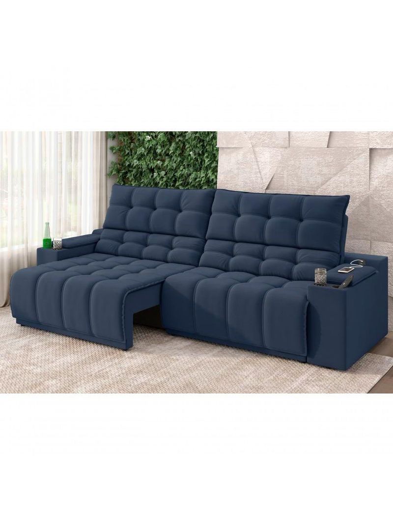 Sofá Connect Premium 2,00m Assento Retrátil-reclinável Com Porta Copos E Entrada Usb Suede Azul