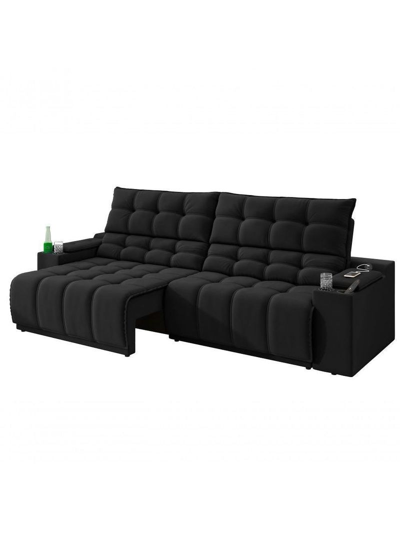 Sofá Connect Premium 2,30m Assento Retrátil-reclinável Com Porta Copos E Entrada Usb Suede Preto
