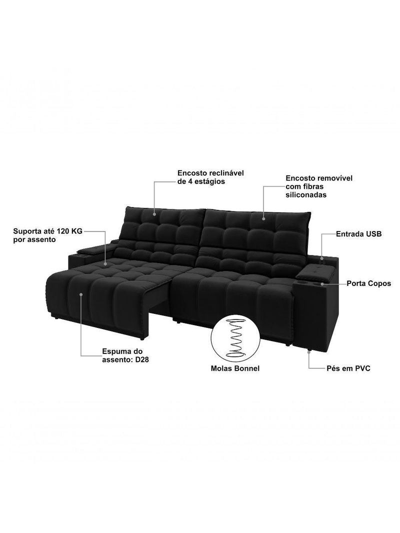 Sofá Connect Premium 2,30m Assento Retrátil-reclinável Com Porta Copos E Entrada Usb Suede Preto
