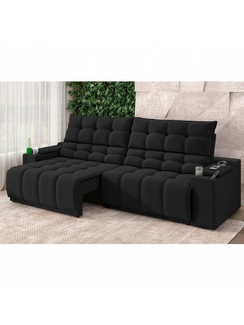 Sofá Connect Premium 2,30m Assento Retrátil-reclinável Com Porta Copos E Entrada Usb Suede Preto