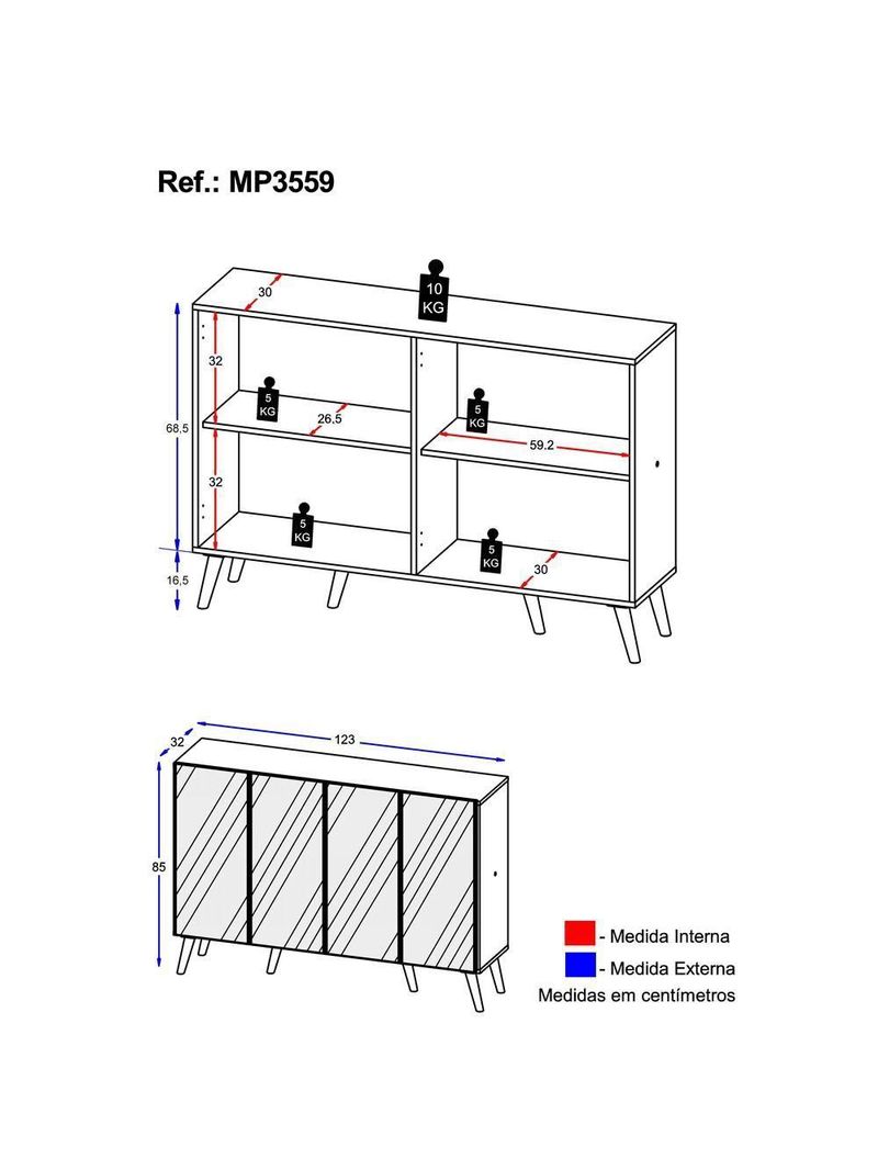 Aparador Buffet 4 Portas com Espelho e Pés Rustic/natural