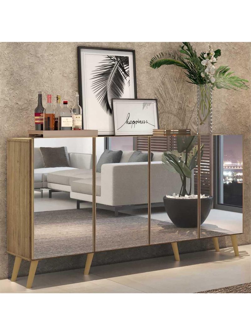 Aparador Buffet 4 Portas com Espelho e Pés Rustic/natural