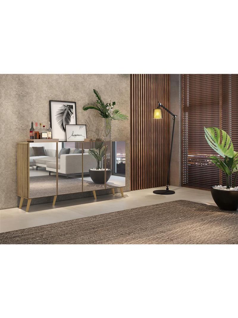 Aparador Buffet 4 Portas com Espelho e Pés Rustic/natural