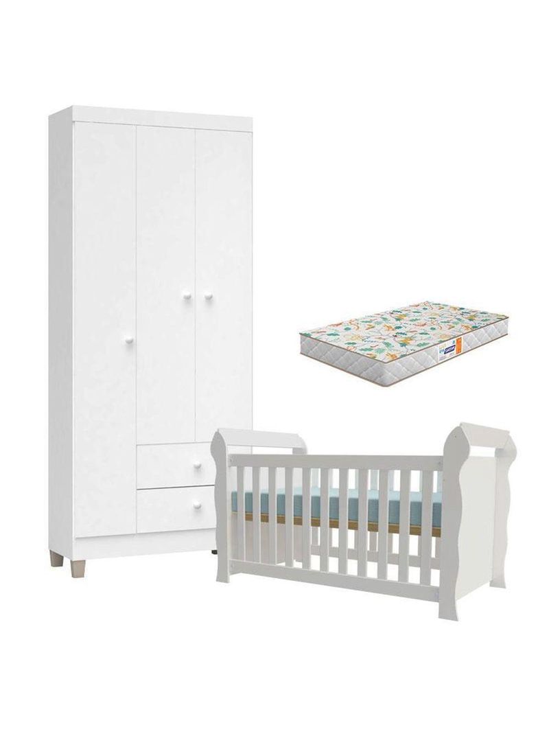 Berço Americano Lara Com Colchão Gazin E Guarda Roupa Ternura Baby 3 Portas Branco Brilho Flex - Incorplac