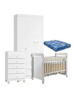 Quarto De Bebê 3 Portas Com Gaveteiro Ternura Baby E Berço Mirelle Branco Brilho Com Colchão - Incorplac