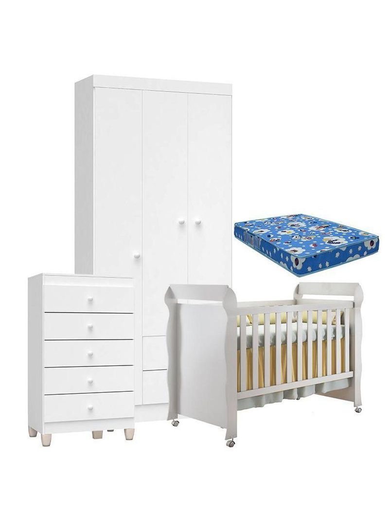 Quarto De Bebê 3 Portas Com Gaveteiro Ternura Baby E Berço Mirelle Branco Brilho Com Colchão - Incorplac