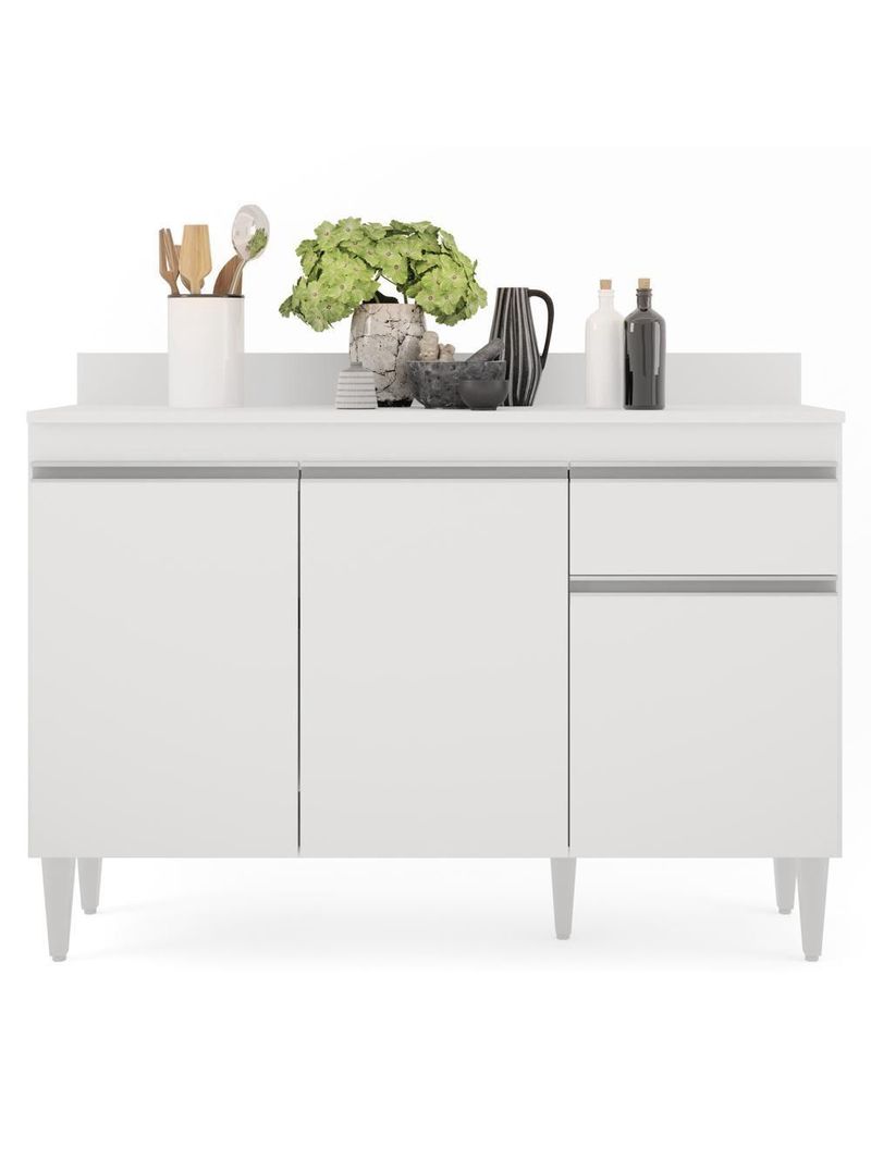 Balcão Gabinete 120cm 3 Portas 1 Gaveta Branco