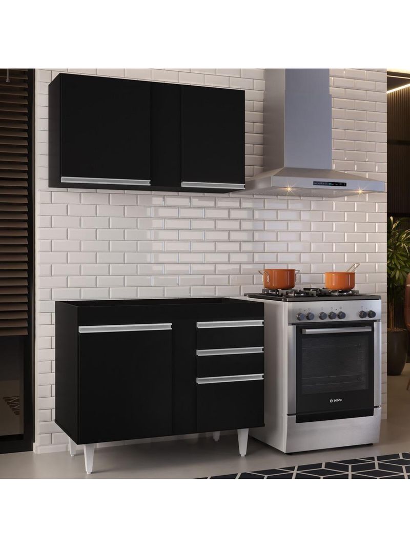 Armário Aéreo Indiana e Balcão para Pia 100cm Luziania Preto - Lumil