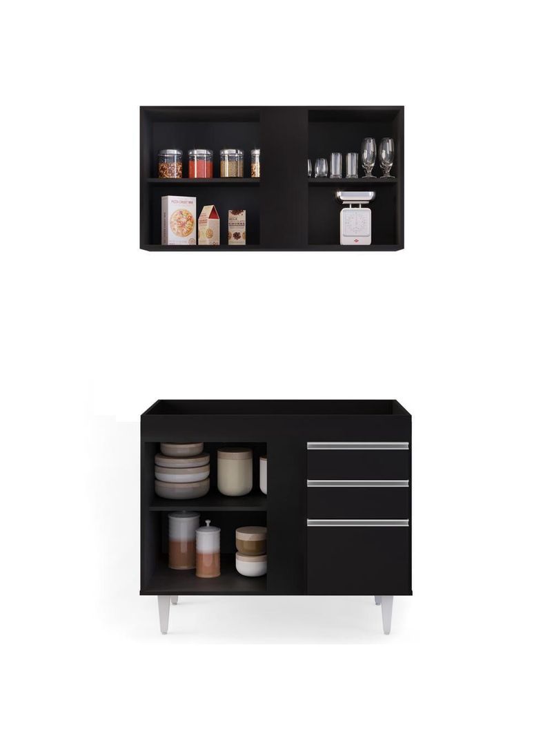 Armário Aéreo Indiana e Balcão para Pia 100cm Luziania Preto - Lumil