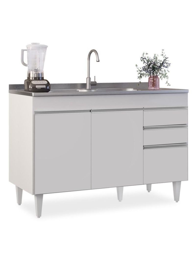 Balcão Gabinete para Pia 120cm Sem Tampo 3 Portas 2 Gavetas Michigan Branco – Lumil