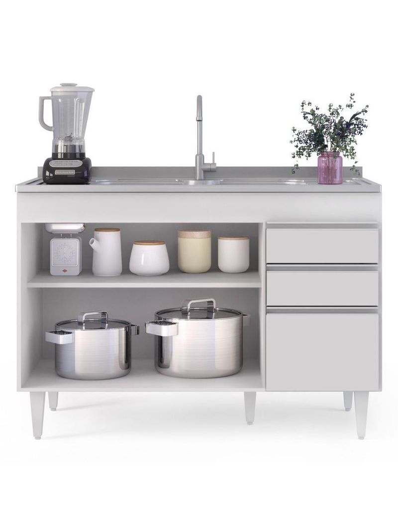 Balcão Gabinete para Pia 120cm Sem Tampo 3 Portas 2 Gavetas Michigan Branco – Lumil