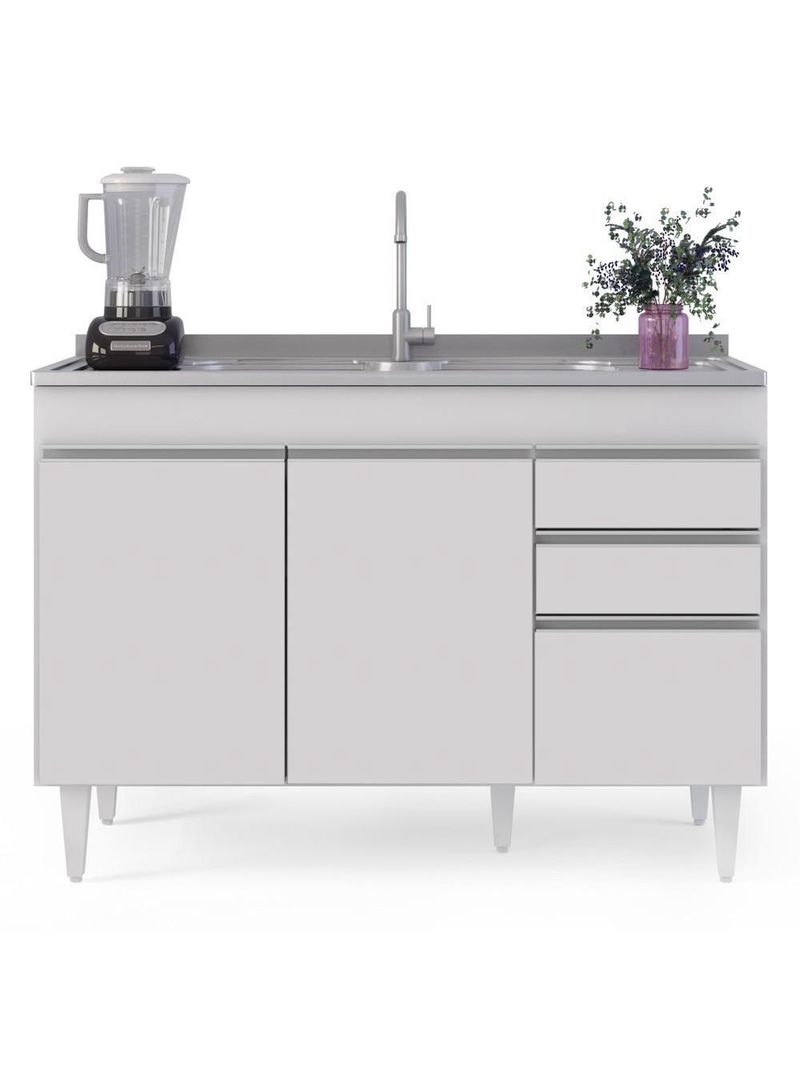 Balcão Gabinete para Pia 120cm Sem Tampo 3 Portas 2 Gavetas Michigan Branco – Lumil
