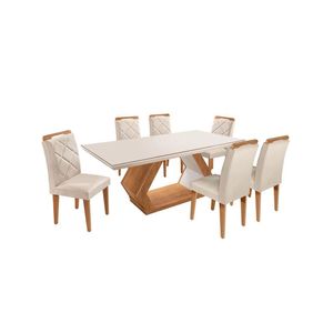 Mesa Alvorada 180 Tp Mdf Vidro Canto Reto 6 Cadeiras Rufato Veludo Creme/off White/imbuia/serig. Off