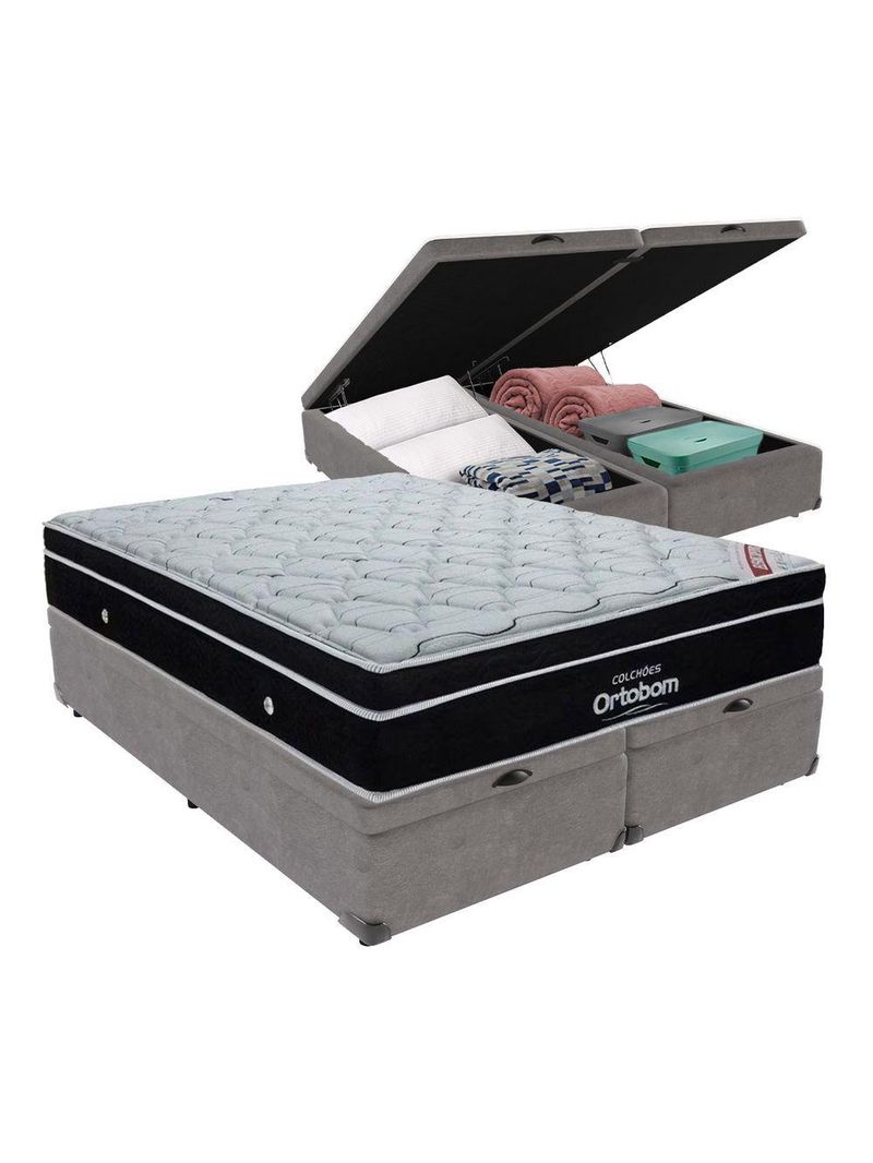 Cama Box Queen Cinza Baú Ortobom Molas Ensacadas Europillow