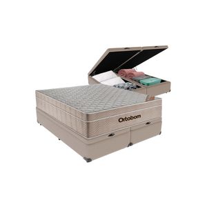Cama + Box Airtech Colchão Ortobom Queen Com Baú Bege Springpocket - Cor: Bege