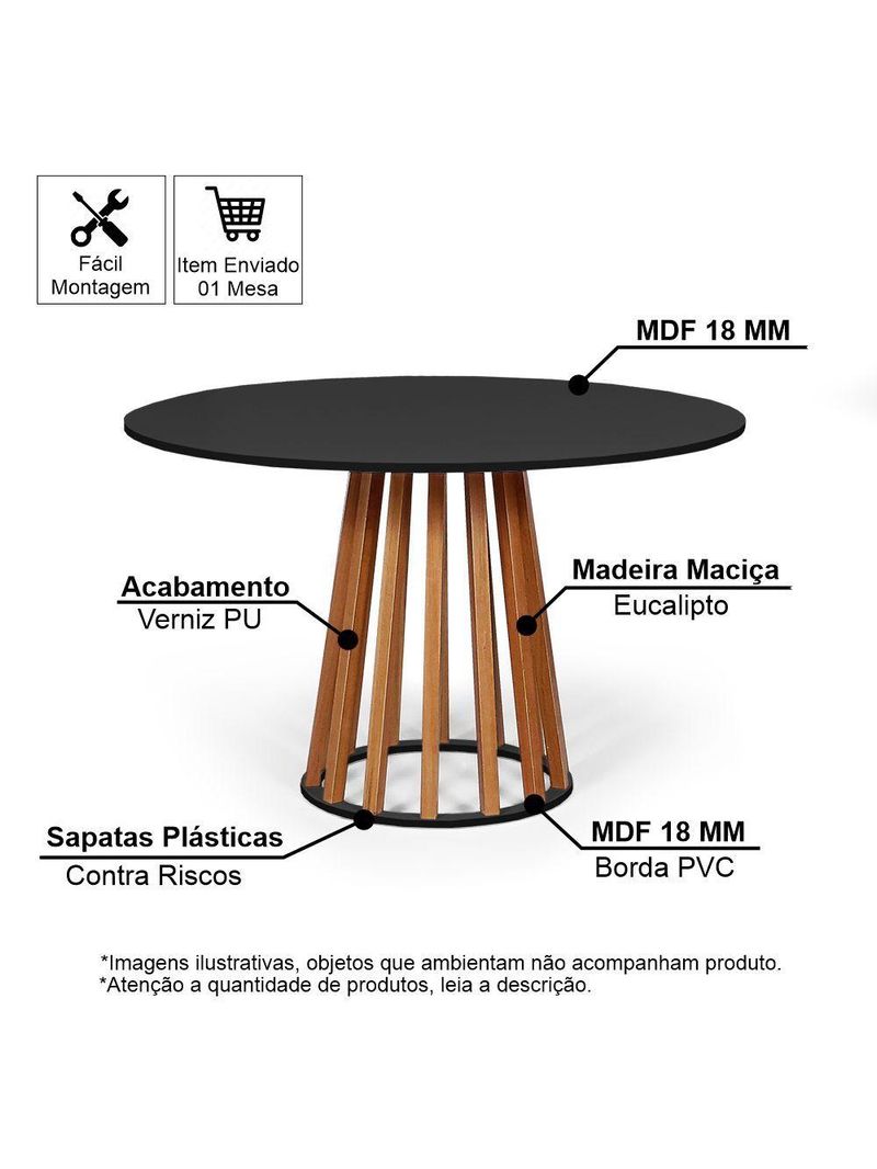 Mesa De Jantar Redonda 4 Lugares 90cm Em Mdf E Madeira Maciça Tália Preta - Straub Web