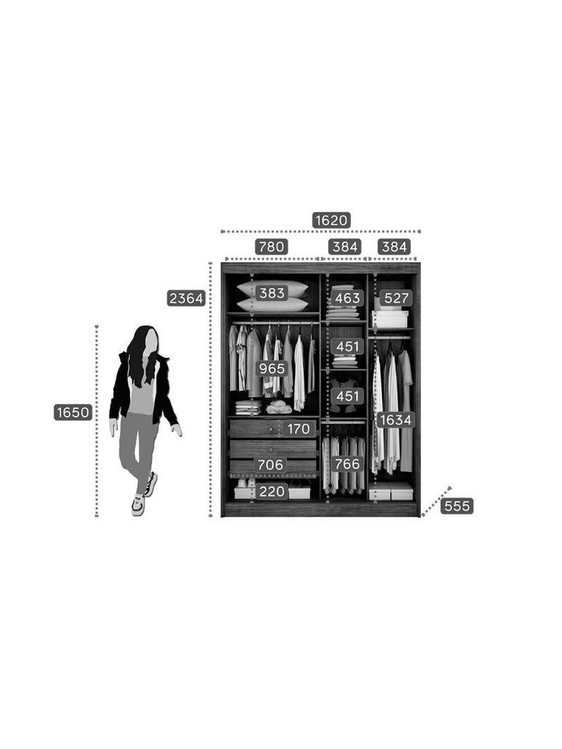 Guarda Roupa Solteiro 2 Portas de correr e 3 Gavetas c/Espelho Thor Plus Branco - Novo Horizonte