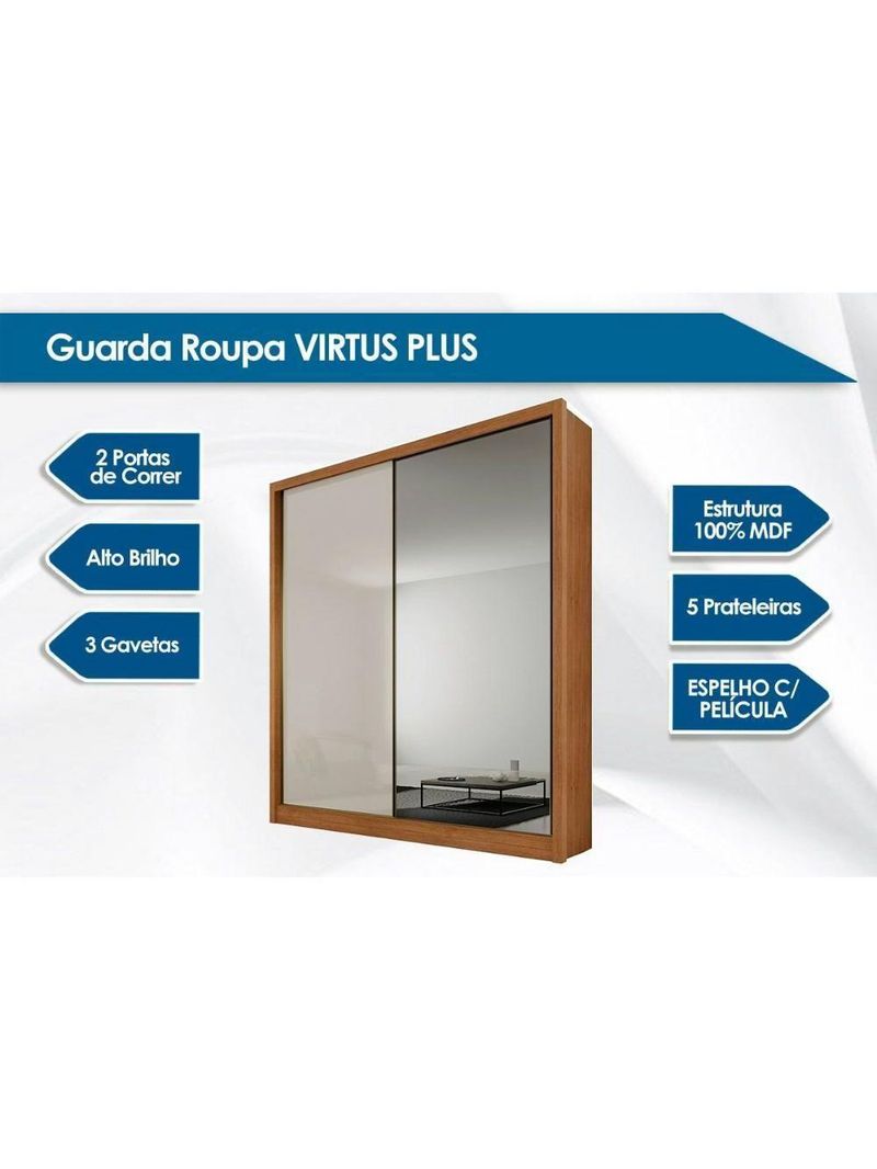 Guarda Roupa Solteiro 2 Portas de correr e 3 Gavetas c/Espelho Thor Plus Branco - Novo Horizonte