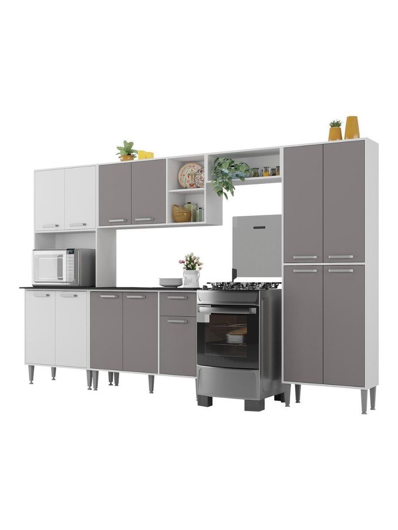Armário de Cozinha Modulada Completa Compacta 294cm com Balcão de Pia Multimóveis MP2280 Branco/lacca Fumê
