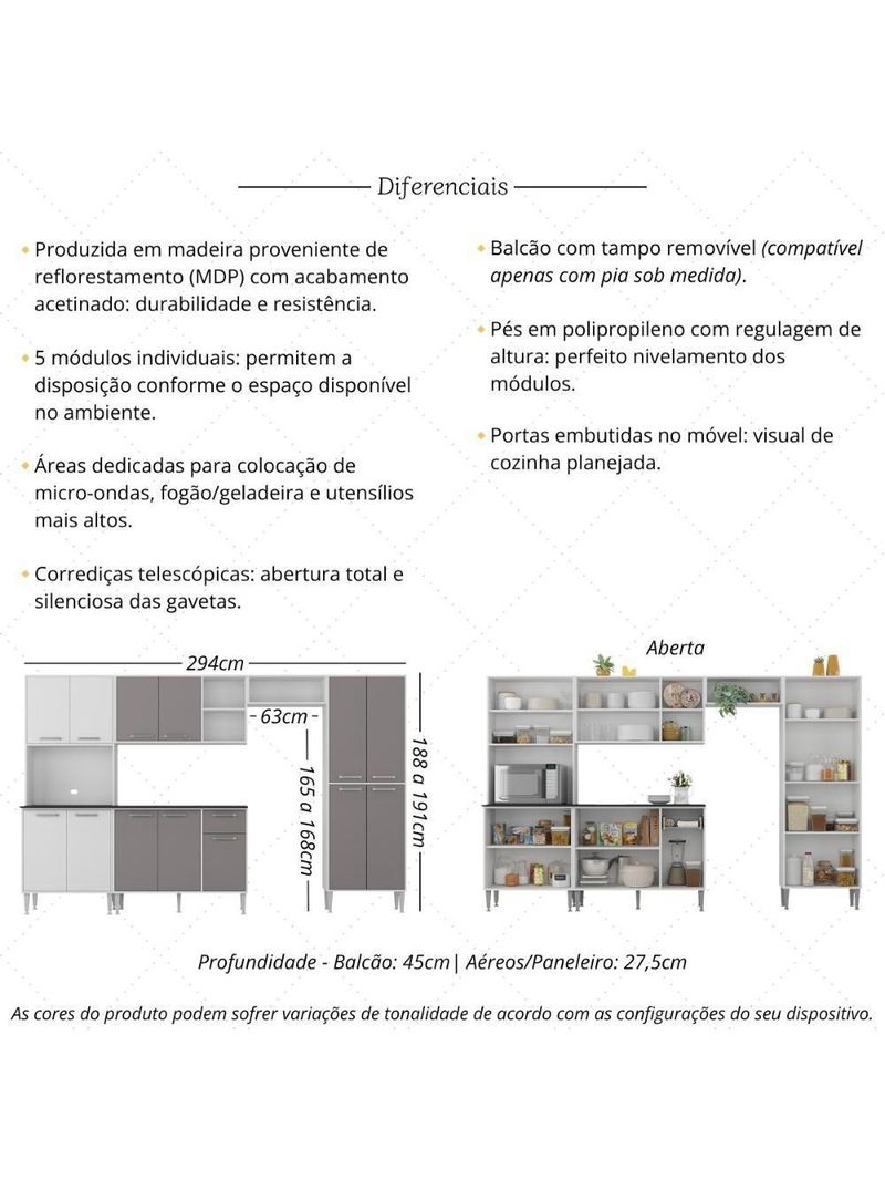 Armário de Cozinha Modulada Completa Compacta 294cm com Balcão de Pia Multimóveis MP2280 Branco/lacca Fumê