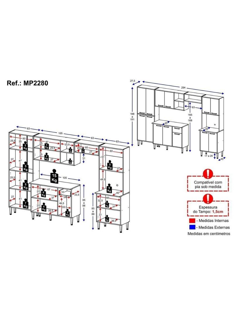 Armário de Cozinha Modulada Completa Compacta 294cm com Balcão de Pia Multimóveis MP2280 Branco/lacca Fumê