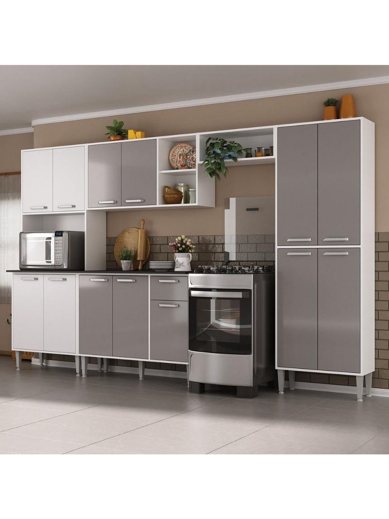 Armário de Cozinha Modulada Completa Compacta 294cm com Balcão de Pia Multimóveis MP2280 Branco/lacca Fumê