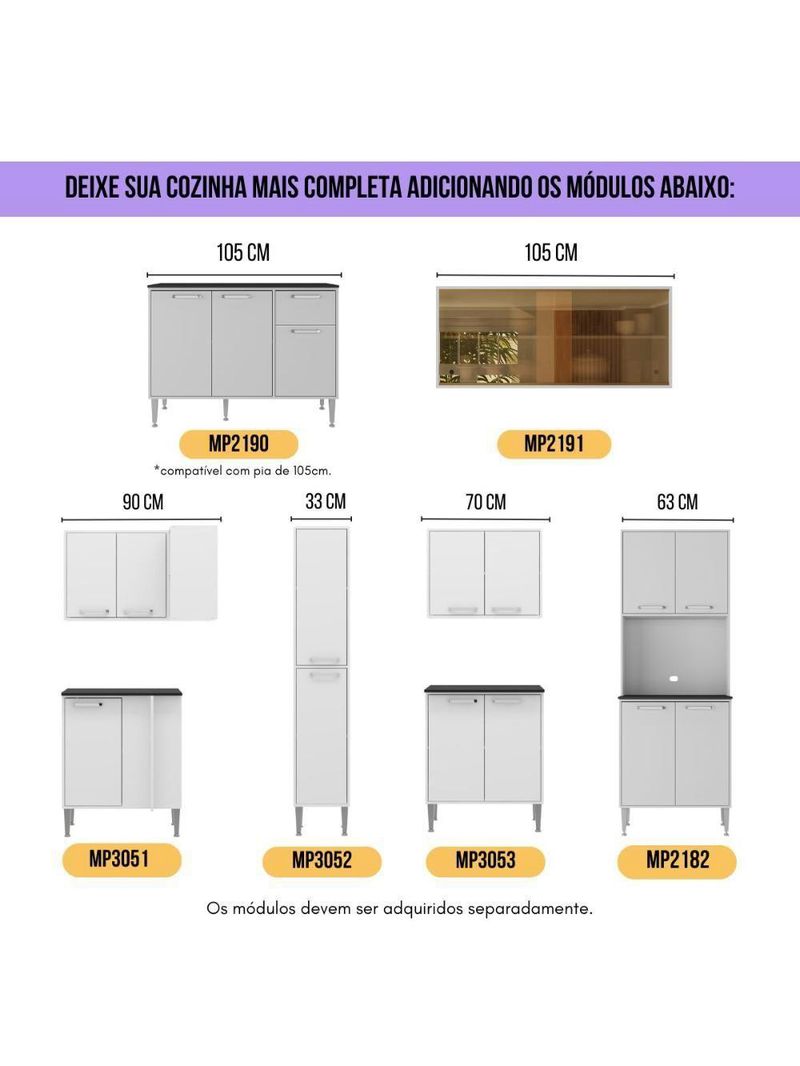 Armário de Cozinha Modulada Completa Compacta 294cm com Balcão de Pia Multimóveis MP2280 Branco/lacca Fumê
