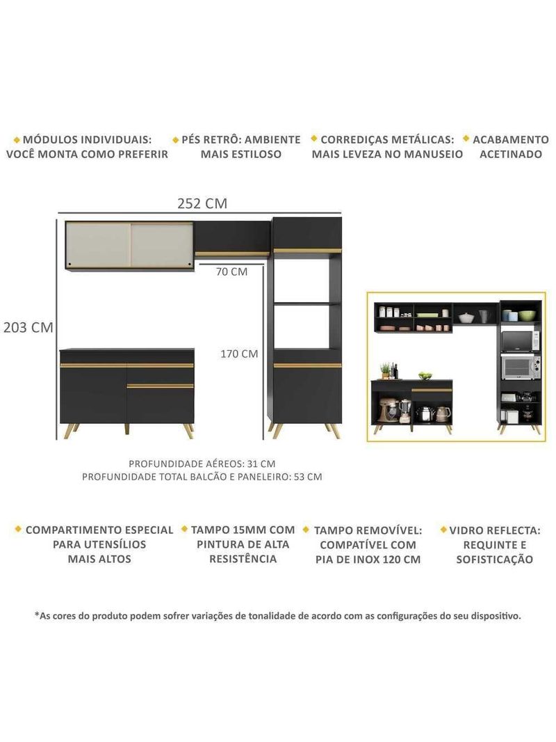 Cozinha Compacta 4 Peças com Armário e Balcão MP3692 Veneza GB Preta