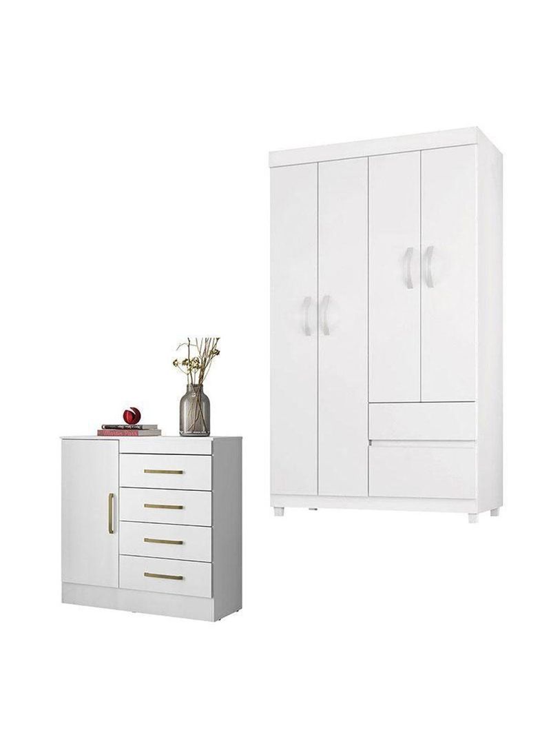 Cômoda Montevidéu E Guarda Roupa Solteiro Lótus Branco Flex - Demóbile