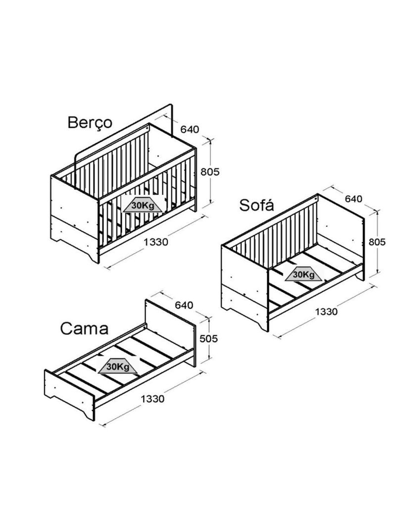Conjunto Berço, Cômoda e Guarda-Roupa Ditália BBI-51, BB-120, BB-322