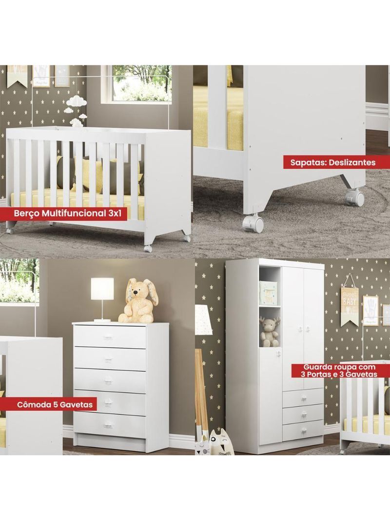 Conjunto Berço, Cômoda e Guarda-Roupa Ditália BBI-51, BB-120, BB-322