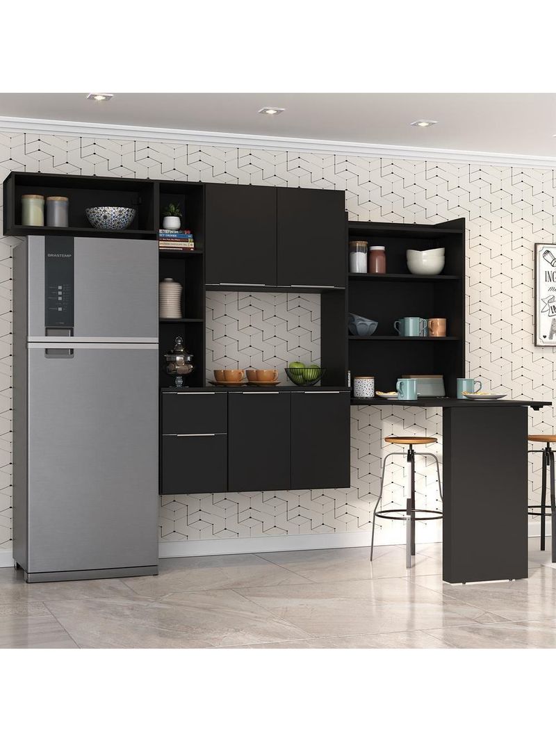 Cozinha Compacta Com Mesa Dobrável Sofia Multimóveis Preta