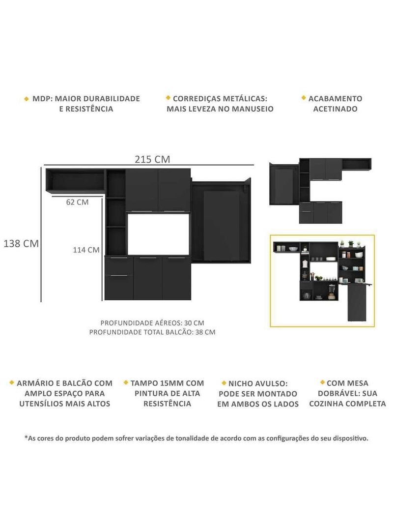 Cozinha Compacta Com Mesa Dobrável Sofia Multimóveis Preta