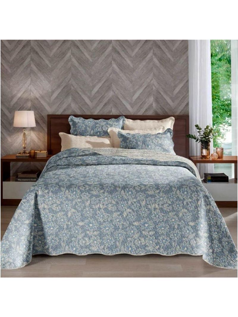 Cobre Leito Buettner Queen Microfibra Renove Estampado Paulina 3 Peças Azul