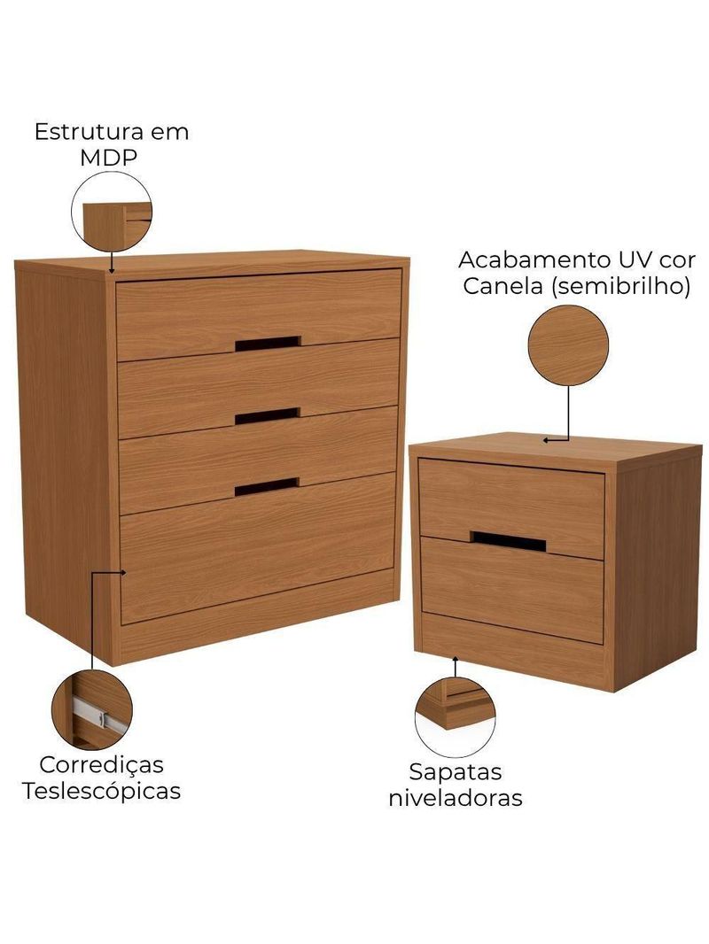 Cômoda 4 Gavetas + 2 Mesas de Cabeceira 2 Gavetas – Kappesberg S82224 – Cor Canela
