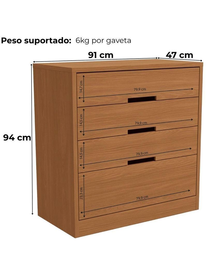 Cômoda 4 Gavetas + 2 Mesas de Cabeceira 2 Gavetas – Kappesberg S82224 – Cor Canela
