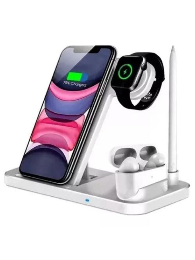 Carregador Sem Fio 4 em 1 Celular, Smartwatch, Fone e Caneta 15W – Cor Preto ou Branco enviado conforme disponibilidade