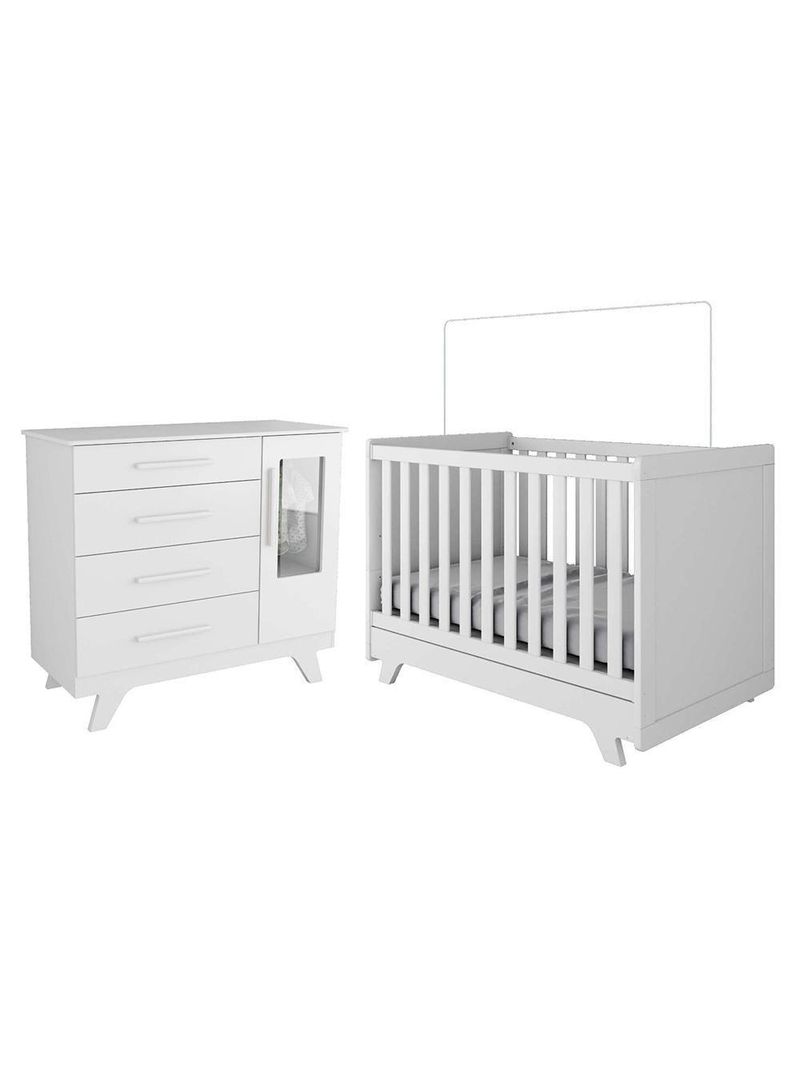 Jogo De Quarto Infantil Retrô Janelas Cômoda E Berço Branco Brilho - Móveis Peroba