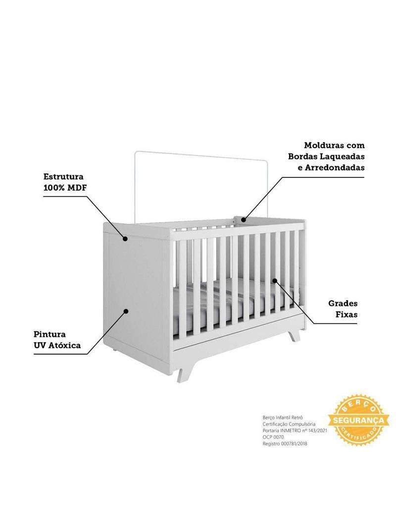 Jogo De Quarto Infantil Retrô Janelas Cômoda E Berço Branco Brilho - Móveis Peroba