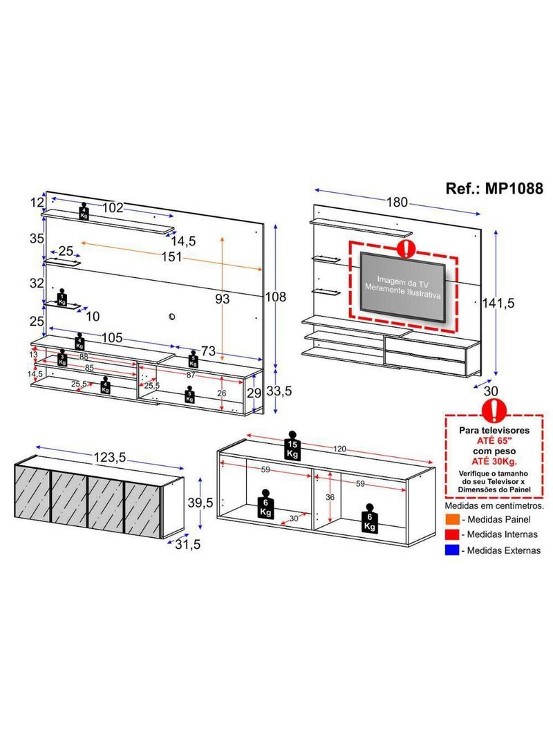 Painel para TV até 65" Polegadas com Aparador 4 Portas com Espelho MP1088 Rustic/Preto