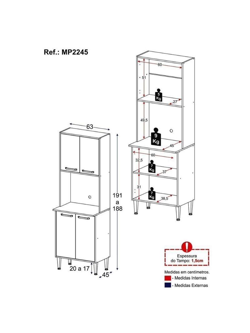 Paneleiro 63cm 4 Portas para Micro-ondas Xangai Multimóveis MP2245 Branco