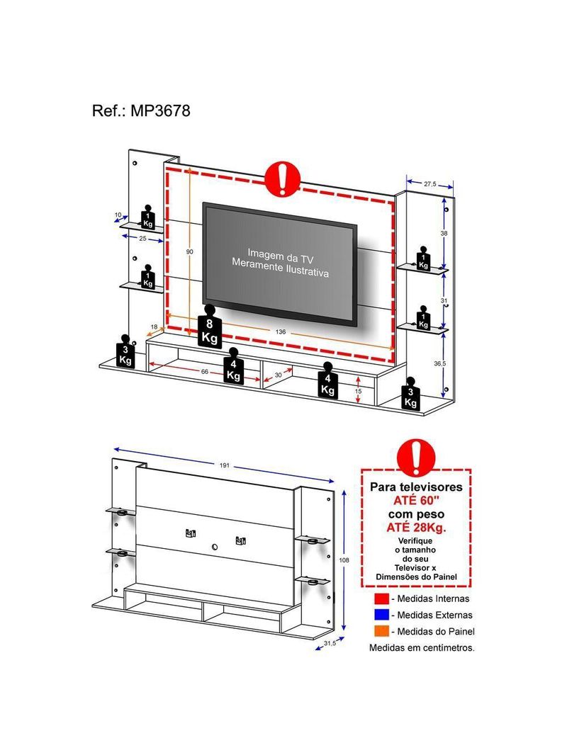 Painel com Suporte Tv 60" e 4 Leds Prateleiras de Vidro