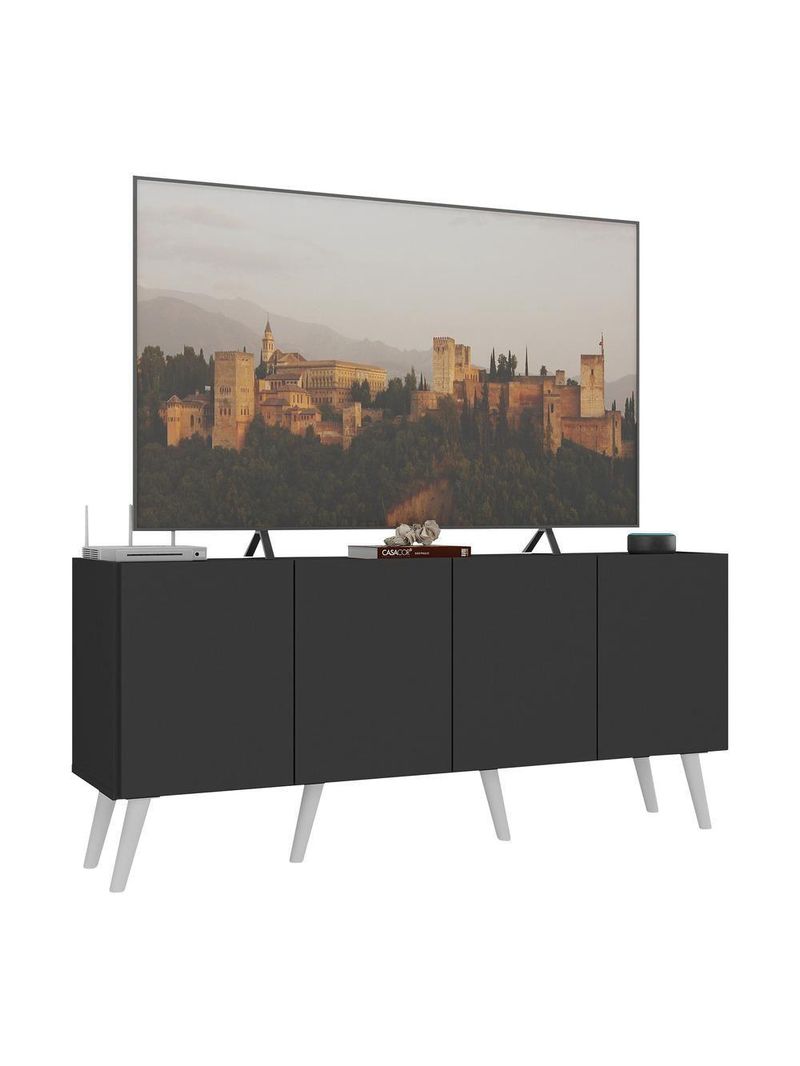 Rack Retrô Para TV Até 50 Polegadas com 4 Portas Multimóveis MP1071 Preto/Branco