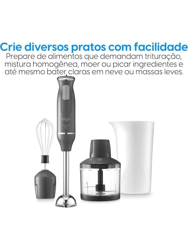 Mixer De Alimentos Cinza Lunar Inox 600W 3 Em 1 Copo 700ml Elgin 220V
