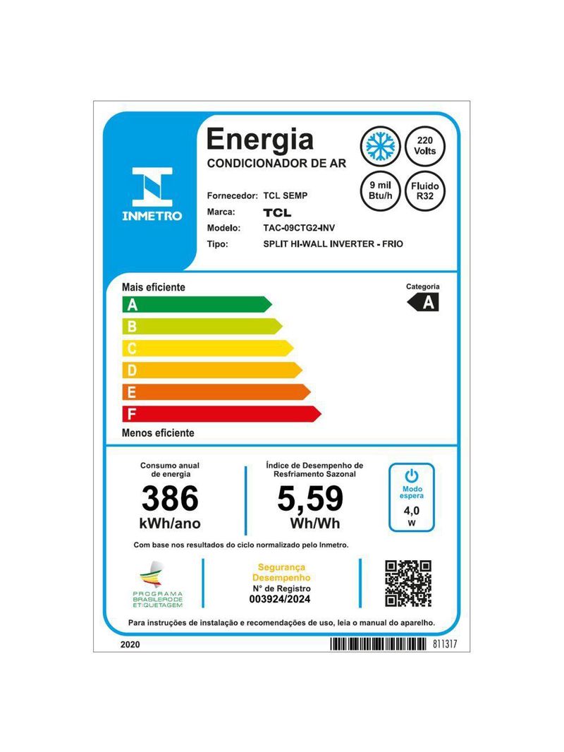 Ar Condicionado Split Hi Wall TCL T-Pro 20 Inverter 9000 Btus Frio 220V R-32